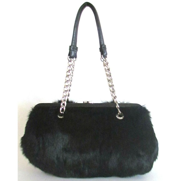 Women's Fur Bag's Designer Michael Kors Black Rabbit Fur Silver Tone Chain Strap - Picture 8 of 14